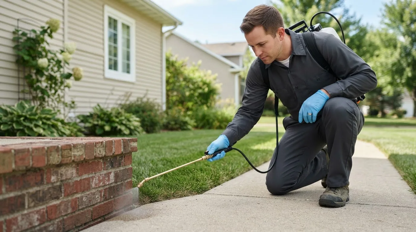 Pest control technician treating a home near Wheelwright, MA