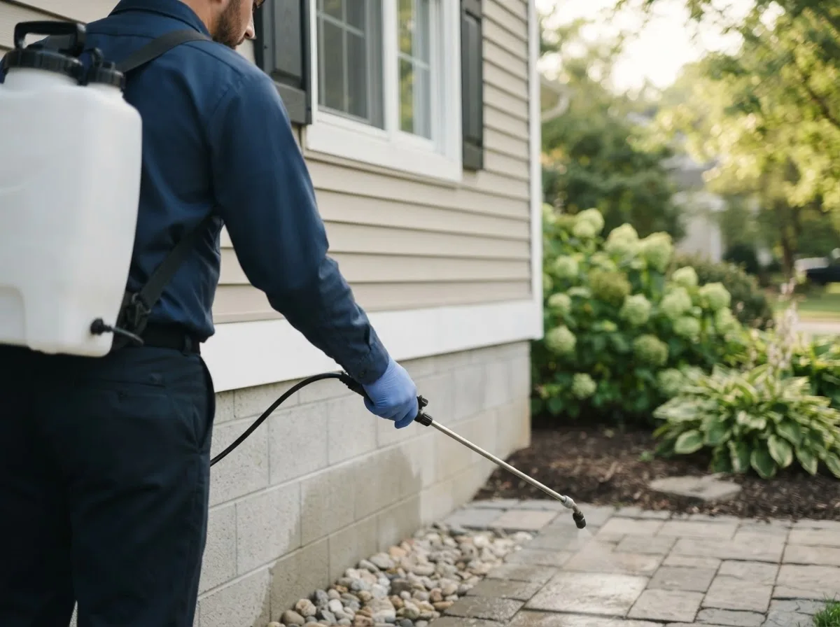 Pest control technician inspecting a home in Wheelwright, MA